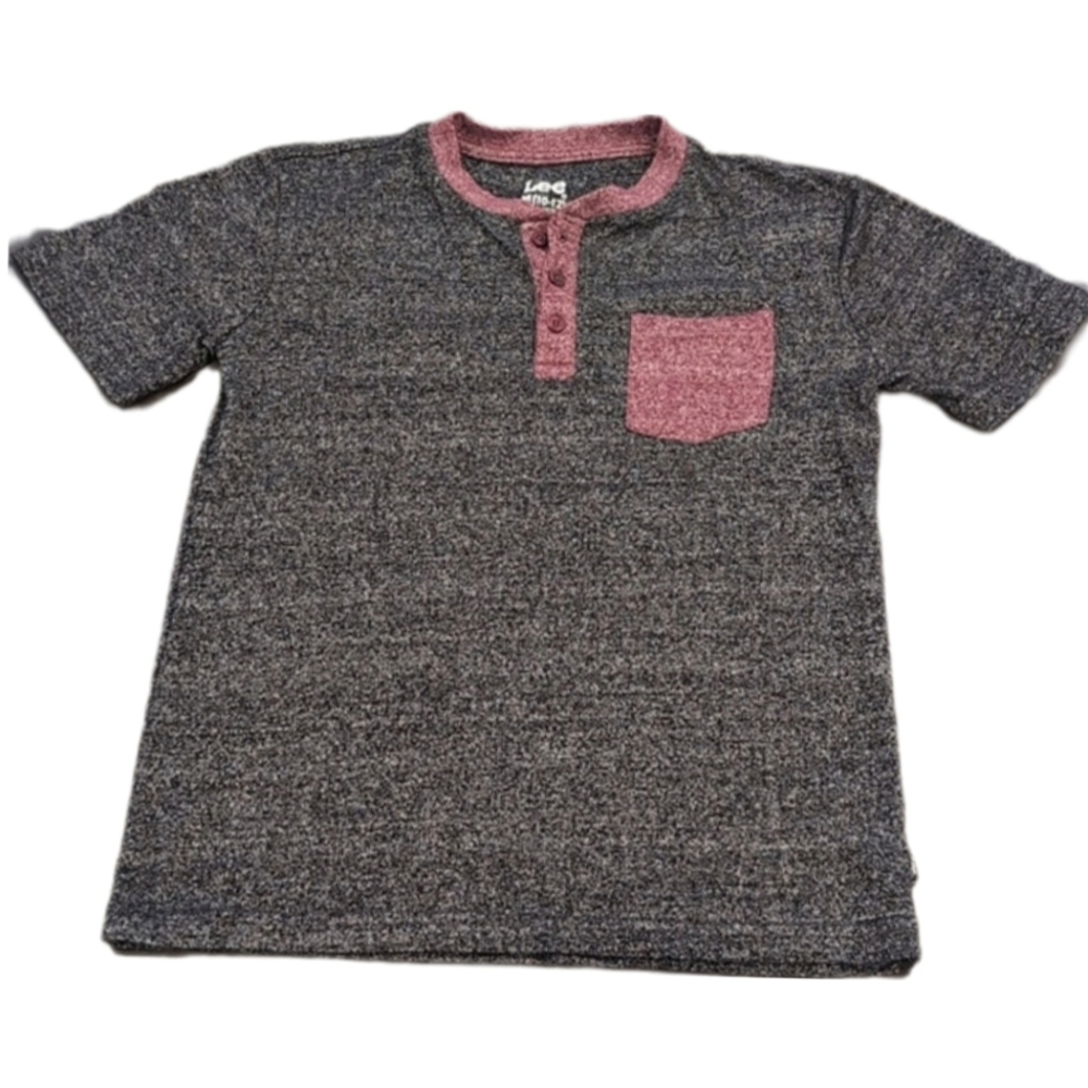 LEE Short Sleeve Pocket Tee Henley Top Contrast Trim Marled Size Medium 10 12